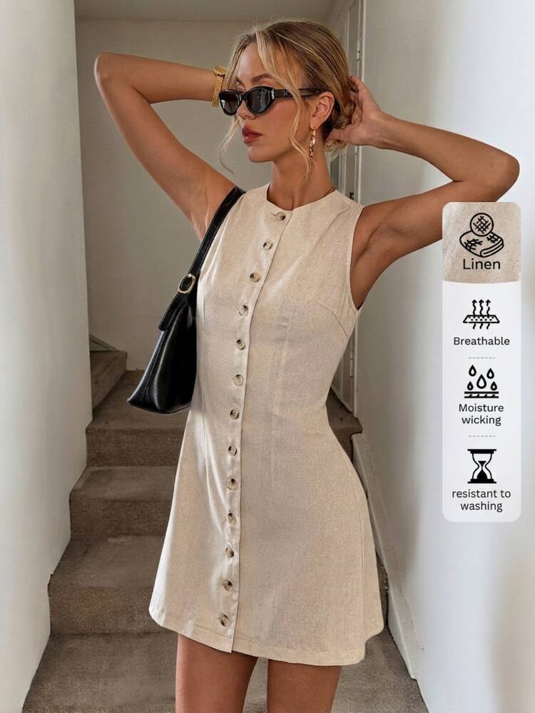 SHEIN LUNE Đầm mini dáng chữ A không tay, eo chiết, hàng cúc trước, phong cách thanh lịch, thường ngày, đi du lịch, chất liệu linen - Màu be - Xem 4