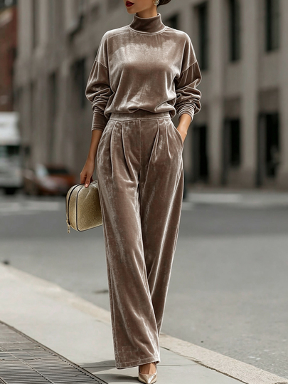 SHEIN Winter 2 Pieces Set Women Elegant Luxury Brown Velvet Tracksuit Mock Neck Drop Shoulder Long Sleeve Top Wide Leg Pants Casual Suits Autumn Street Wear