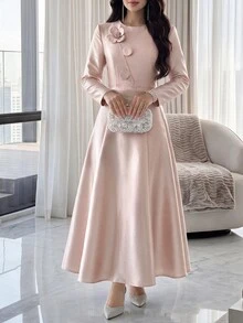 Feyla Women's Elegant 2 Pieces Set With 3D Floral Decor Long Sleeve Blouse And Skirt - Pink - View 1