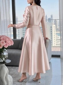 Feyla Women's Elegant 2 Pieces Set With 3D Floral Decor Long Sleeve Blouse And Skirt - Pink - View 4