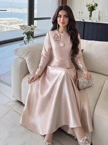 Feyla Women's Elegant 2 Pieces Set With 3D Floral Decor Long Sleeve Blouse And Skirt - Pink - View 5