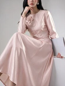 Feyla Women's Elegant 2 Pieces Set With 3D Floral Decor Long Sleeve Blouse And Skirt - Pink - View 3