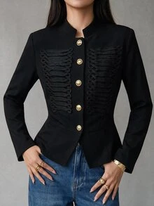 Heiryn Women's Vintage Preppy Elegant Button Trim Long Sleeve Blazer Office Dinner Black And Gold Fall - Black - View 3