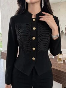 Heiryn Women's Vintage Preppy Elegant Button Trim Long Sleeve Blazer Office Dinner Black And Gold Fall - Black - View 6