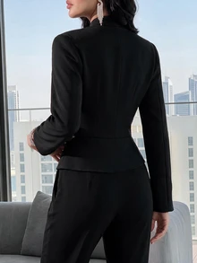 Heiryn Women's Vintage Preppy Elegant Button Trim Long Sleeve Blazer Office Dinner Black And Gold Fall - Black - View 4
