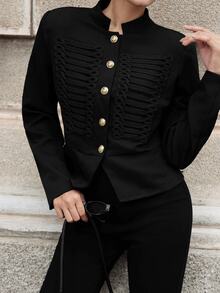 Heiryn Women's Vintage Preppy Elegant Button Trim Long Sleeve Blazer Office Dinner Black And Gold Fall - Black - View 1