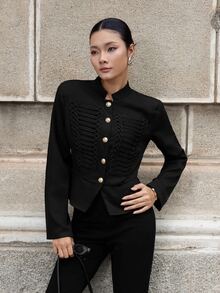 Heiryn Women's Vintage Preppy Elegant Button Trim Long Sleeve Blazer Office Dinner Black And Gold Fall - Black - View 2