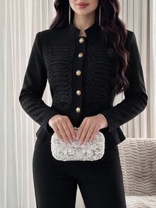 Heiryn Women's Vintage Preppy Elegant Button Trim Long Sleeve Blazer Office Dinner Black And Gold Fall - Black - View 8