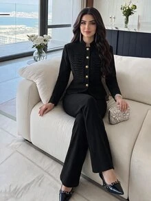 Heiryn Women's Vintage Preppy Elegant Button Trim Long Sleeve Blazer Office Dinner Black And Gold Fall - Black - View 7