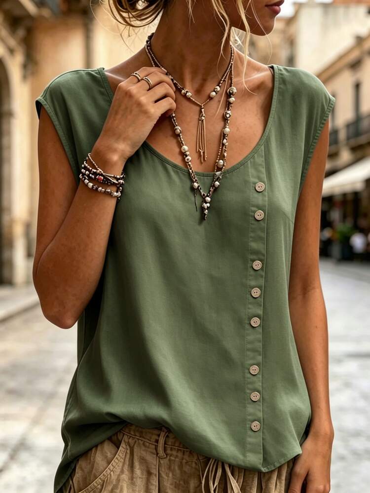 SHEIN Women's Solid Color Large Scoop Neck Single-Breasted Decor Casual Daily Versatile Sleeveless T-Shirt - Army Green - View 4