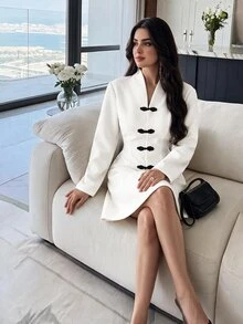 Feyla Duffle Button Front Longline Dress Tea Party Brunch White Fall Mature Elegant - White - View 6