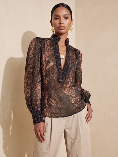 Vesra Vintage Floral Pattern Chiffon Stand Collar Split V-Neck Lantern Sleeve Cuffed Elegant Dinner Office Women's Blouse Black Autumn
