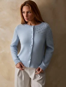 Trelyra Women Button Front Covered Button And Rhinestone Shine Detailed Long Sleeve Regular Fit Knit Cardigan - Baby Blue - View 8