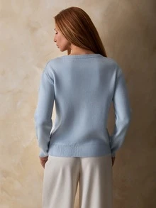 Trelyra Women Button Front Covered Button And Rhinestone Shine Detailed Long Sleeve Regular Fit Knit Cardigan - Baby Blue - View 10