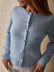 Trelyra Women Button Front Covered Button And Rhinestone Shine Detailed Long Sleeve Regular Fit Knit Cardigan - Baby Blue - View 4