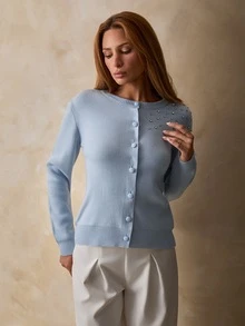 Trelyra Women Button Front Covered Button And Rhinestone Shine Detailed Long Sleeve Regular Fit Knit Cardigan - Baby Blue - View 5