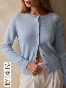 Trelyra Women Button Front Covered Button And Rhinestone Shine Detailed Long Sleeve Regular Fit Knit Cardigan - Baby Blue - View 3