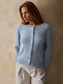 Trelyra Women Button Front Covered Button And Rhinestone Shine Detailed Long Sleeve Regular Fit Knit Cardigan - Baby Blue - View 7