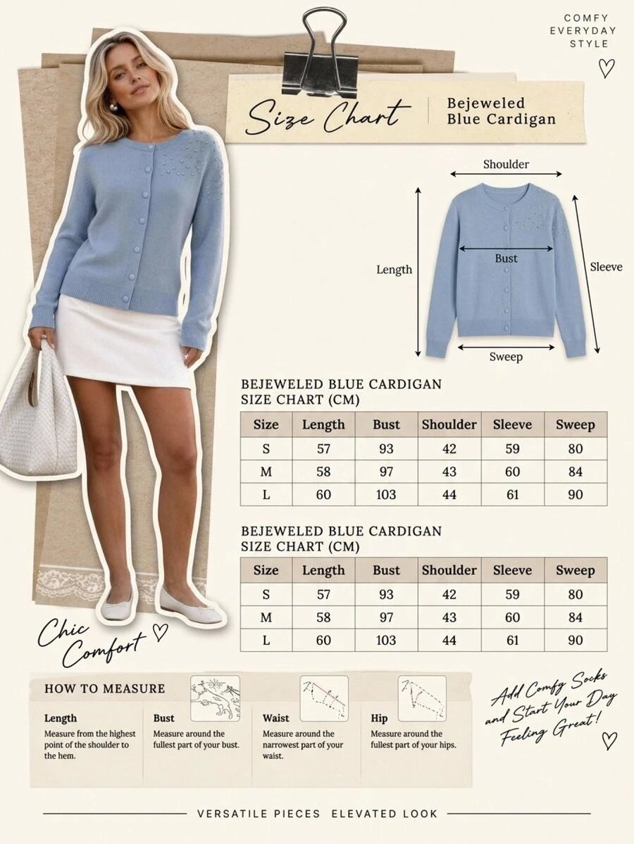 Trelyra Women Button Front Covered Button And Rhinestone Shine Detailed Long Sleeve Regular Fit Knit Cardigan - Baby Blue - View 1