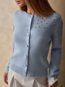 Trelyra Women Button Front Covered Button And Rhinestone Shine Detailed Long Sleeve Regular Fit Knit Cardigan - Baby Blue - View 6
