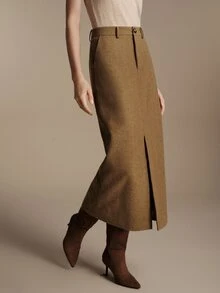 Anewsta Essential Setelan Wanita Minimalis Elegan Serbaguna Mewah Kelas Atas, Rok Lurus Ramping dengan Belahan Depan, Panjang Sedang - Khaki - View 2