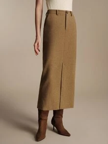 Anewsta Essential Setelan Wanita Minimalis Elegan Serbaguna Mewah Kelas Atas, Rok Lurus Ramping dengan Belahan Depan, Panjang Sedang - Khaki - View 4