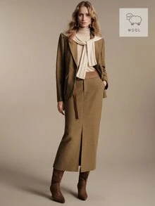 Anewsta Essential Setelan Wanita Minimalis Elegan Serbaguna Mewah Kelas Atas, Rok Lurus Ramping dengan Belahan Depan, Panjang Sedang - Khaki - View 1