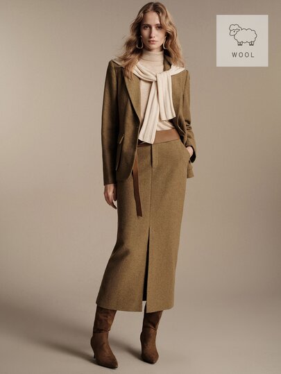 Anewsta Essential Costum elegant minimalist versatil de lux pentru femei, cu fustă midi dreaptă, la croială slim, cu crăpătură în față