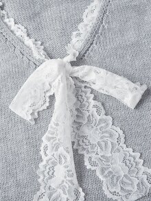 SHEIN MOD Grey Knit Vest With Lace Patchwork And Bow - Grey - View 6