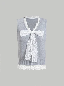 SHEIN MOD Grey Knit Vest With Lace Patchwork And Bow - Grey - View 7