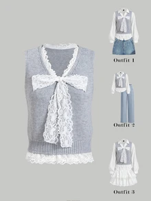 SHEIN MOD Grey Knit Vest With Lace Patchwork And Bow - Grey - View 1
