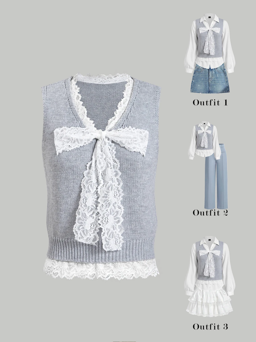 SHEIN MOD Grey Knit Vest With Lace Patchwork And Bow - Grey - View 1