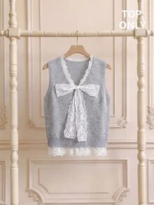 SHEIN MOD Grey Knit Vest With Lace Patchwork And Bow - Grey - View 5