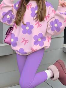 SHEIN Tween女孩可愛甜美波點花朵蝴蝶圖案 紫色圓領運動衫彈性腰長褲套裝，適合秋冬，女孩套裝，休閒可愛舒適秋冬風格 - 彩色 - 查看 6