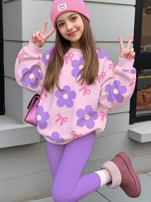 SHEIN Tween女孩可愛甜美波點花朵蝴蝶圖案 紫色圓領運動衫彈性腰長褲套裝，適合秋冬，女孩套裝，休閒可愛舒適秋冬風格 - 彩色 - 查看 1