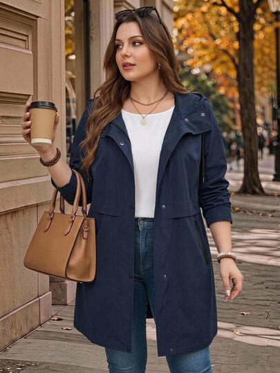 Rosumi Plus Size Women's Solid Color Long Sleeve Single Breasted Casual Hooded Trench Coat Jacket Fall