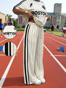 SHEIN EZwear 杏色休閒女款大尺碼字母條紋短袖T恤與長褲套裝 - 杏色 - 查看 8
