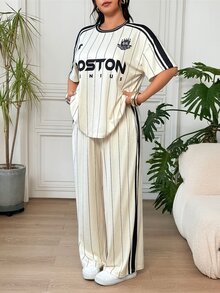 SHEIN EZwear 杏色休閒女款大尺碼字母條紋短袖T恤與長褲套裝 - 杏色 - 查看 10