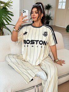 SHEIN EZwear 杏色休閒女款大尺碼字母條紋短袖T恤與長褲套裝 - 杏色 - 查看 11