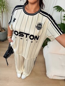 SHEIN EZwear 杏色休閒女款大尺碼字母條紋短袖T恤與長褲套裝 - 杏色 - 查看 4