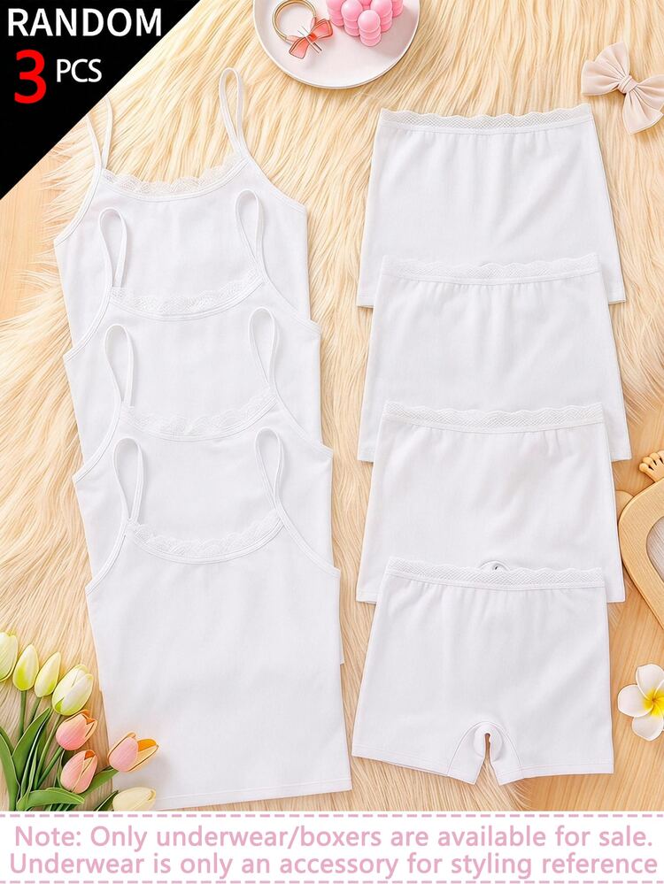 SHEIN 3 قطع عشوائية من ملابس داخلية قصيرة للبنات المراهقات، بيضاء بالكامل مع حافة دانتيل، خفيفة الوزن وناعمة من نسيج محبوك، مريحة للارتداء اليومي والكاجوال - أبيض - مشاهدة 1