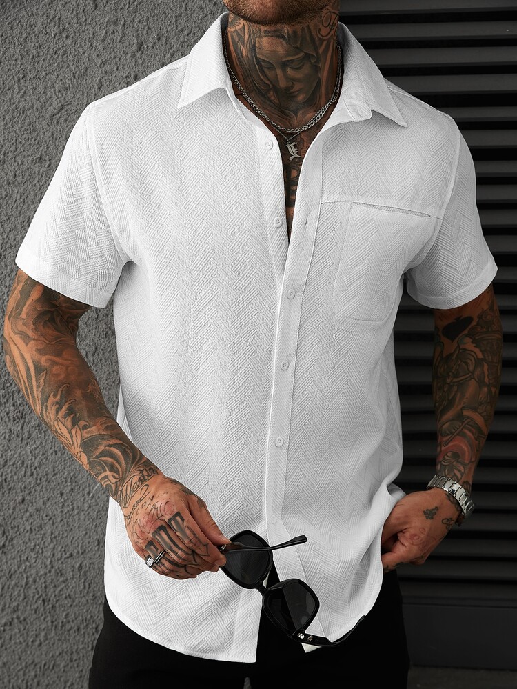 Manfinity CasualCool Kemeja Lengan Pendek Polos Kasual Pria, Musim Panas - Putih - View 7