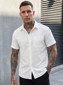 Manfinity CasualCool Men's Casual Solid Color Short Sleeve Shirt, Summer - White - View 1