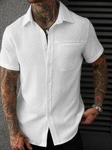 Manfinity CasualCool Men's Casual Solid Color Short Sleeve Shirt, Summer - White - View 3