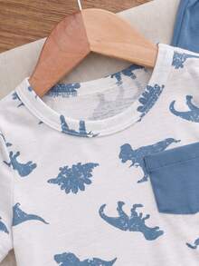 Cozy Pixies Baby Boy Cartoon Dinosaur Pattern Decorative Pocket Crew Neck Short Sleeve Pullover Top Elastic Waist Cuffed Long Pants 2-Piece Set - Blue - View 4