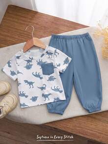 Cozy Pixies Baby Boy Cartoon Dinosaur Pattern Decorative Pocket Crew Neck Short Sleeve Pullover Top Elastic Waist Cuffed Long Pants 2-Piece Set - Blue - View 3