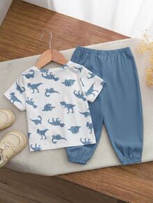 Cozy Pixies Baby Boy Cartoon Dinosaur Pattern Decorative Pocket Crew Neck Short Sleeve Pullover Top Elastic Waist Cuffed Long Pants 2-Piece Set - Blue - View 2