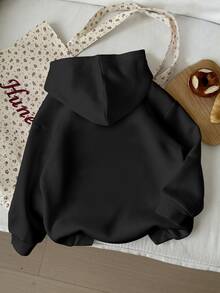 Teen Girl Floral Pattern Casual Y2k Comfortable Hooded Sweatshirt Tops, Suitable For Autumn, Everyday, Outdoor, Cozy Styles, Fashionable Warm Pink - Black - View 3