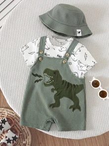 SHEIN 3pcs/Set Baby Boy Toddler Cute Dinosaur Embroidered Plaid Overalls Shorts, Sunhat And Short Sleeve Knit Top, Spring/Summer Outfit Sets - Green - View 4