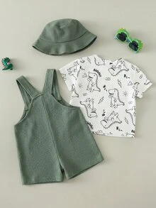 SHEIN 3pcs/Set Baby Boy Toddler Cute Dinosaur Embroidered Plaid Overalls Shorts, Sunhat And Short Sleeve Knit Top, Spring/Summer Outfit Sets - Green - View 2